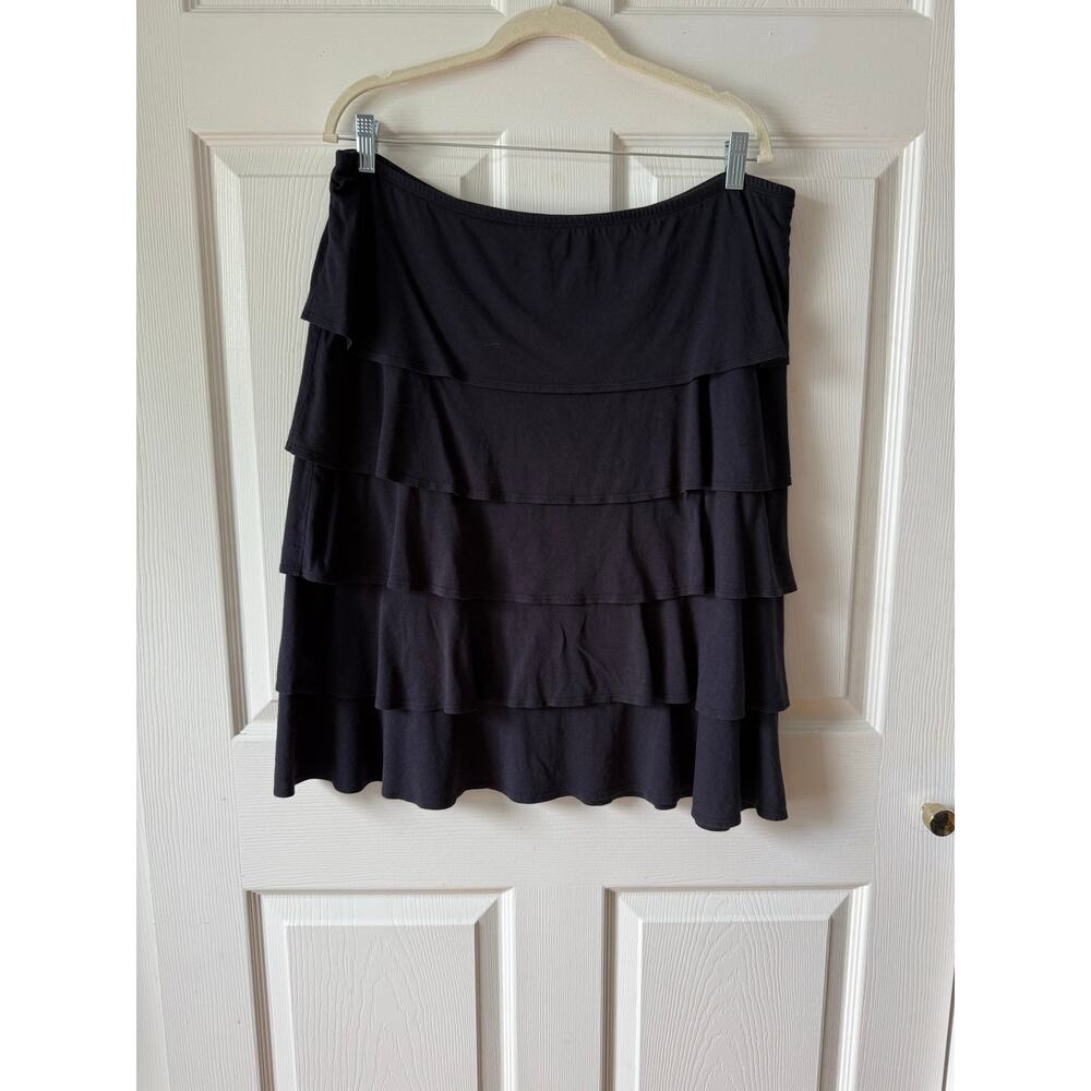 Garnet Hill Black Tiered Ruffle Midi Skirt Cotton Modal Size L Boho Festival